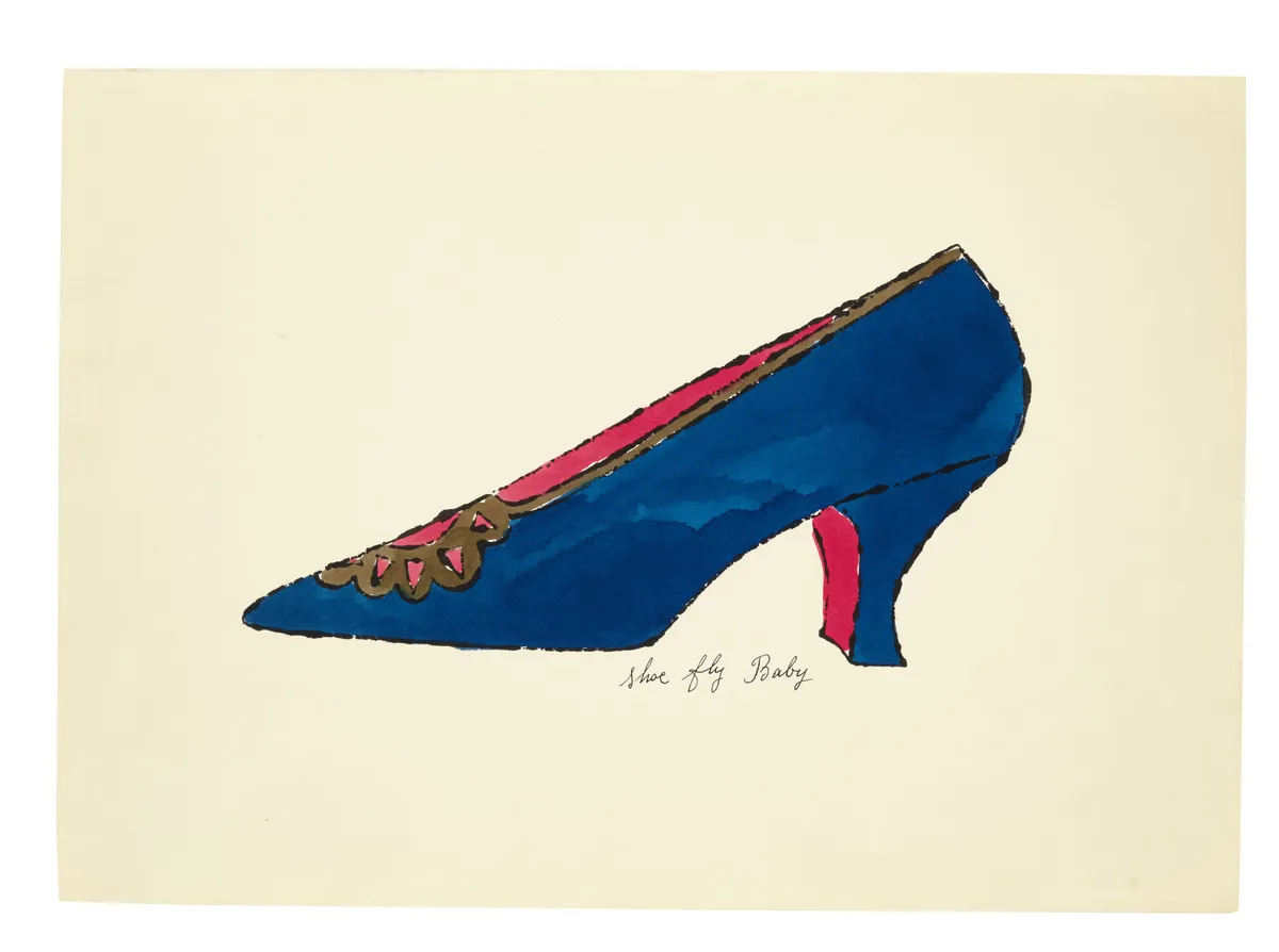 A small illustration by Andy Warhol showing a blue heeled court shoe with a pink lining and gold buckle