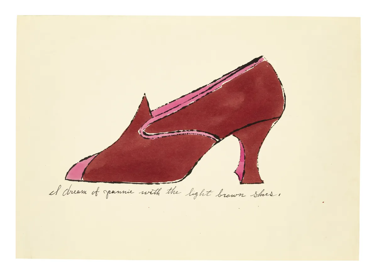 An illustration by Andy Warhol of a red heeled shoe