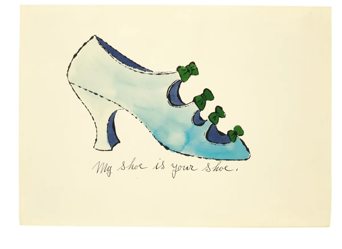 An illustration by Andy Warhol of a pale blue heeled shoe with little green bows