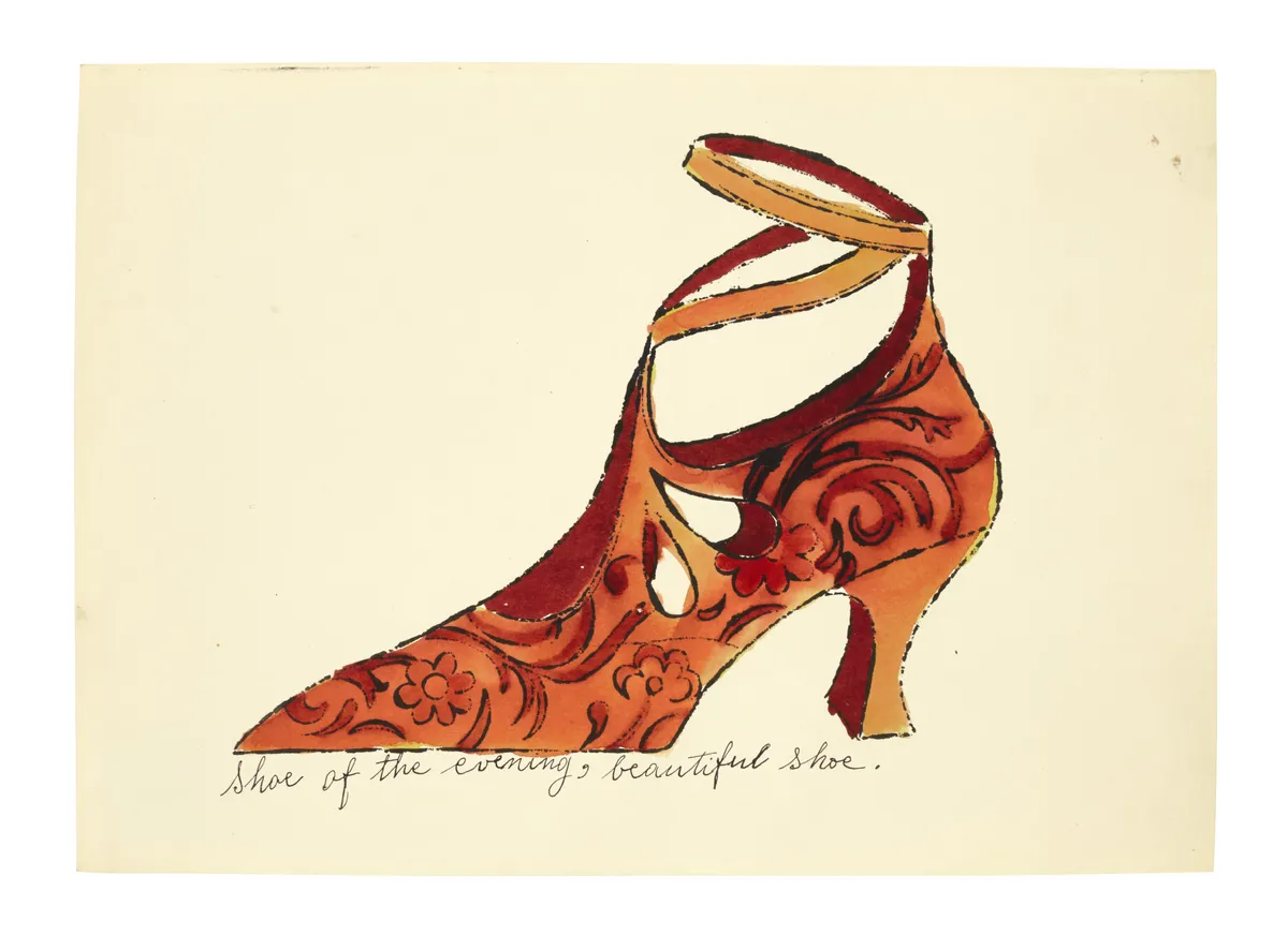 An illustration by Andy Warhol of an orange and red heeled shoe