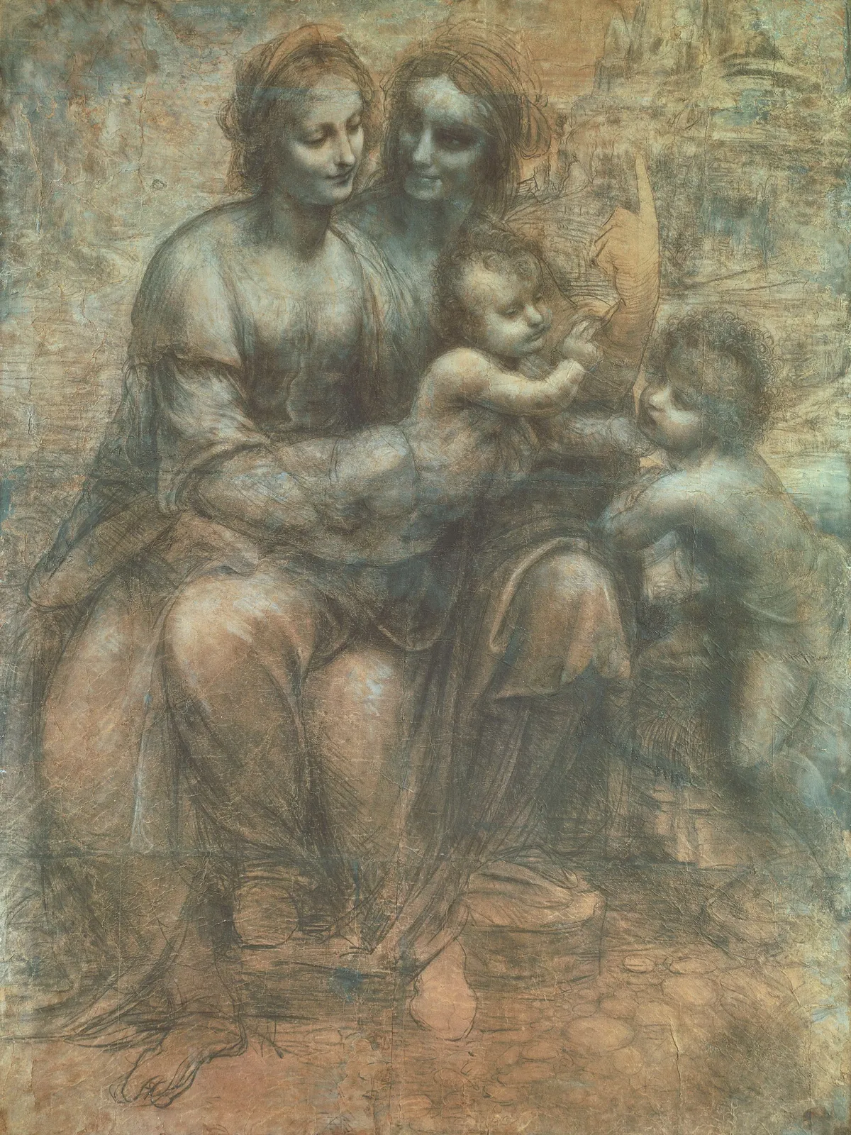 ITALY - CIRCA 2002: London, National Gallery The Virgin and Child with St Anne and St John the Baptist or Burlington House Cartoon, 1499-1500, by Leonardo da Vinci (1452-1519), drawing in black chalk, white lead and shade on paper, 141.5x104.6 cm. (Photo by DeAgostini/Getty Images)