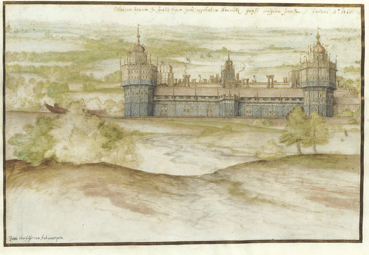LOAN:PDP ANON.1-2013 Watercolour Nonsuch Palace; Watercolour, by Joris Hoefnagel, 1568 Joris Hoefnagel (1542-1601) London 01/01/1568-31/12/1568 Chalk, pen, ink and watercolour on paper