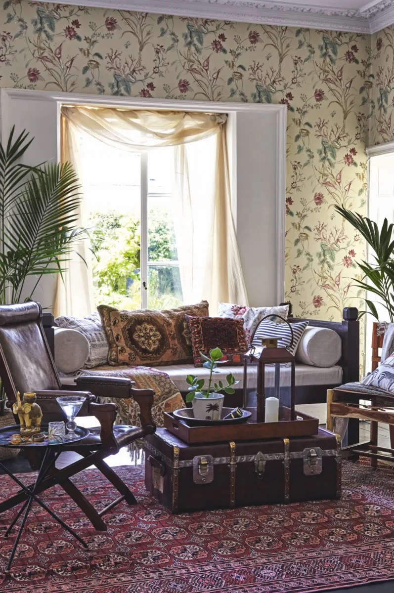 A living room with an assortment of different patterns