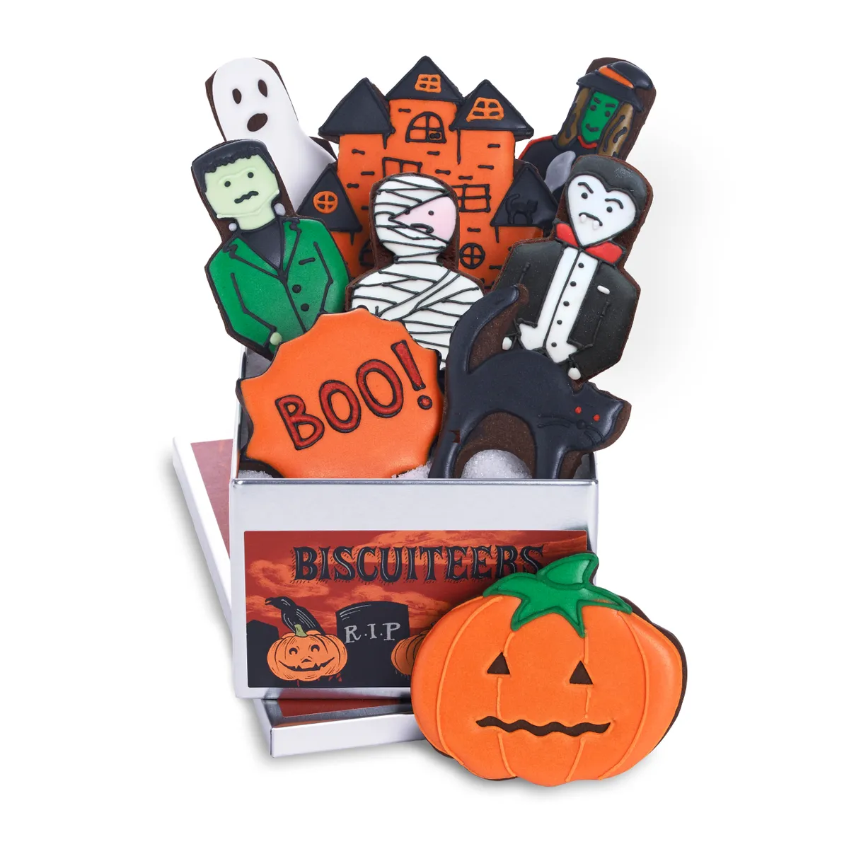 A Biscuiteers Haunted House biscuit tin featuring edible biscuit pumpkins, mummies, vampires and Frankenstein's monster
