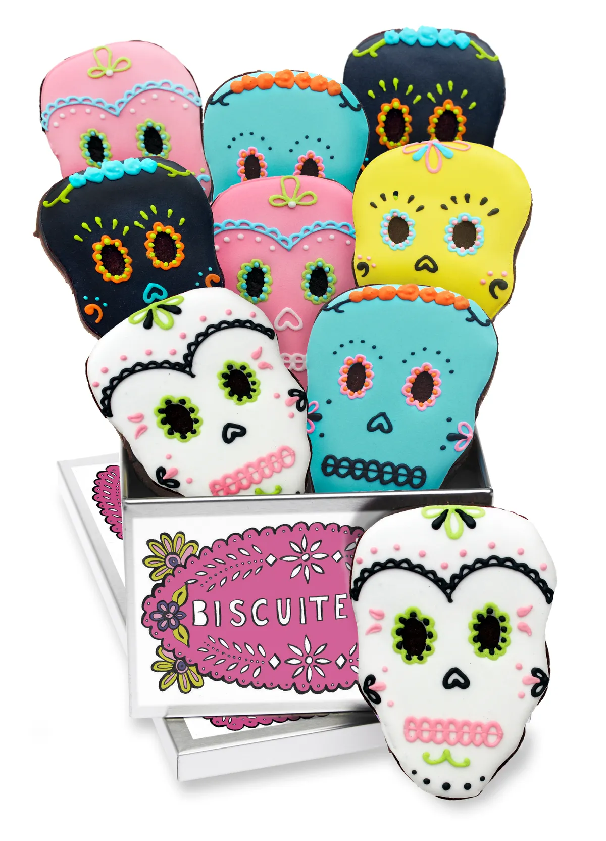Biscuiteers day of the dad colourful skull shaped biscuits displayed around a tin