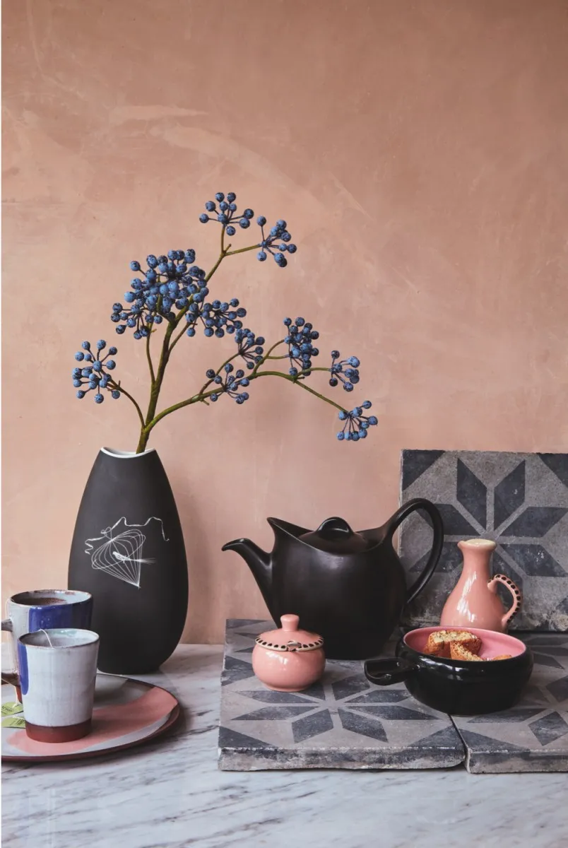 A flower pot and tea pot in front of a clay coloured wall