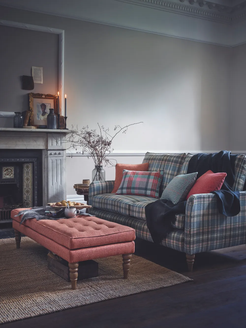 ‘Austin’ large sofa in ‘Glen Coe’ fabric, £2,259; ‘Wexham’ footstool in ‘Parquet’ fabric, £519, both Multiyork