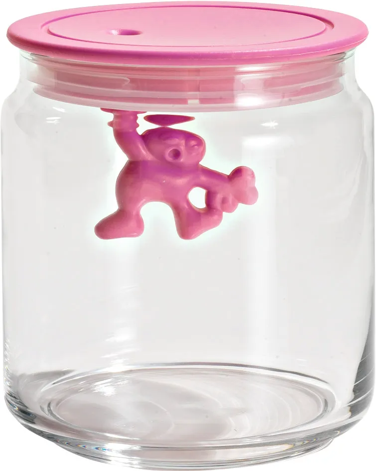 A container with a pink lid