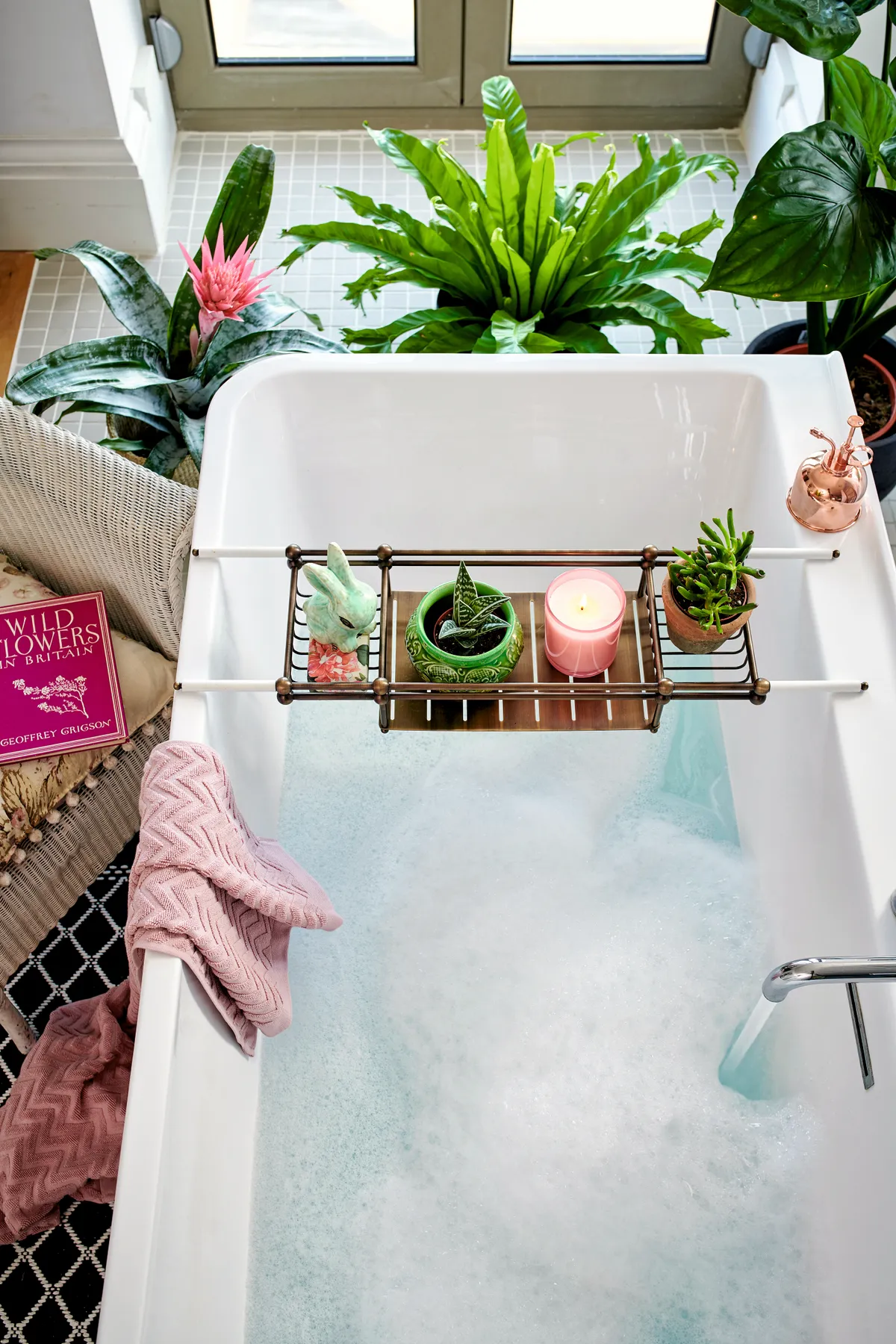 An overhead shot of a full bathtub surrounded by plants.