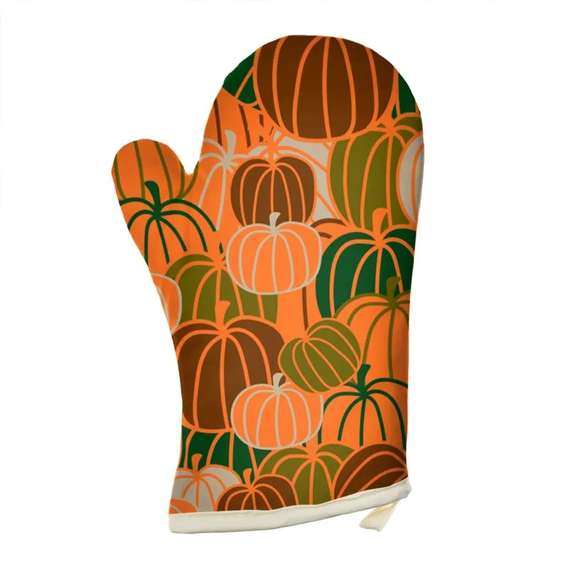 A single oven glove printed with a collage of orange pumpkins