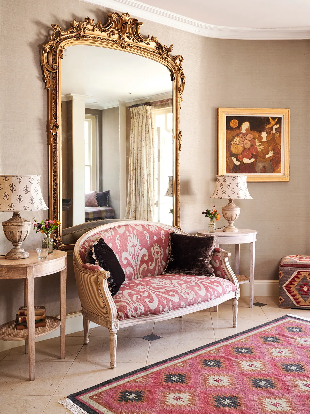 Use this classic Rose Ragini kilim as the starting point for an antiques-filled scheme, from £925, Susie Watson Designs.