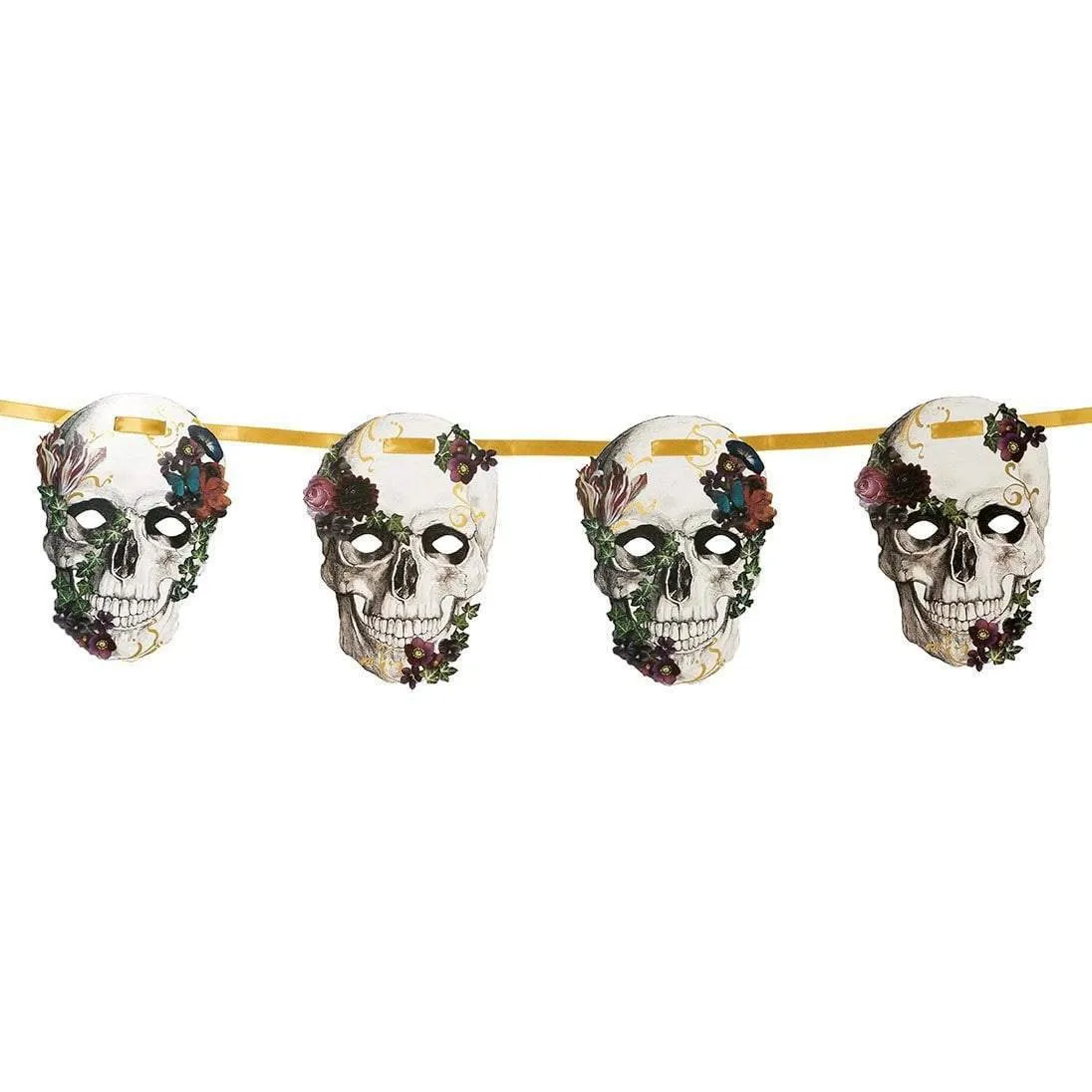 A decorative paper garland featuring skulls adorned with baroque-style flowers threaded onto a gold ribbon.