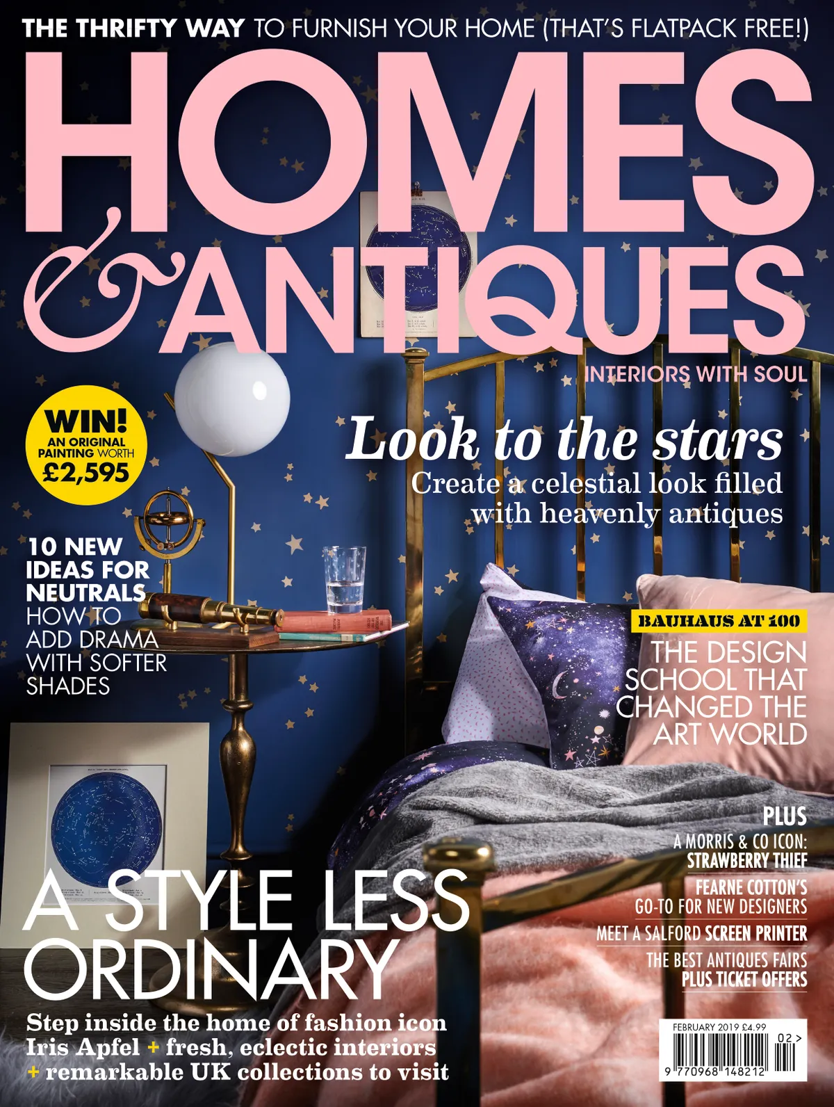Homes & Antiques magazine February 2019 cover featuring a bedroom filled with celestial antiques and star/constellation inspired accessories