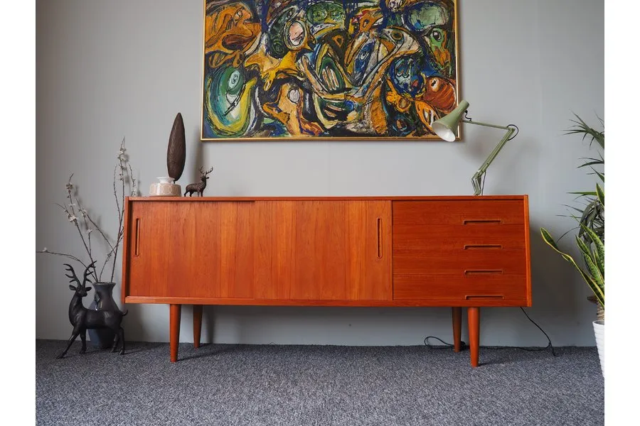 Vinterior Mid Century Swedish Troeds Trento Sideboard against a grey wall styled with an anglepoise lamp