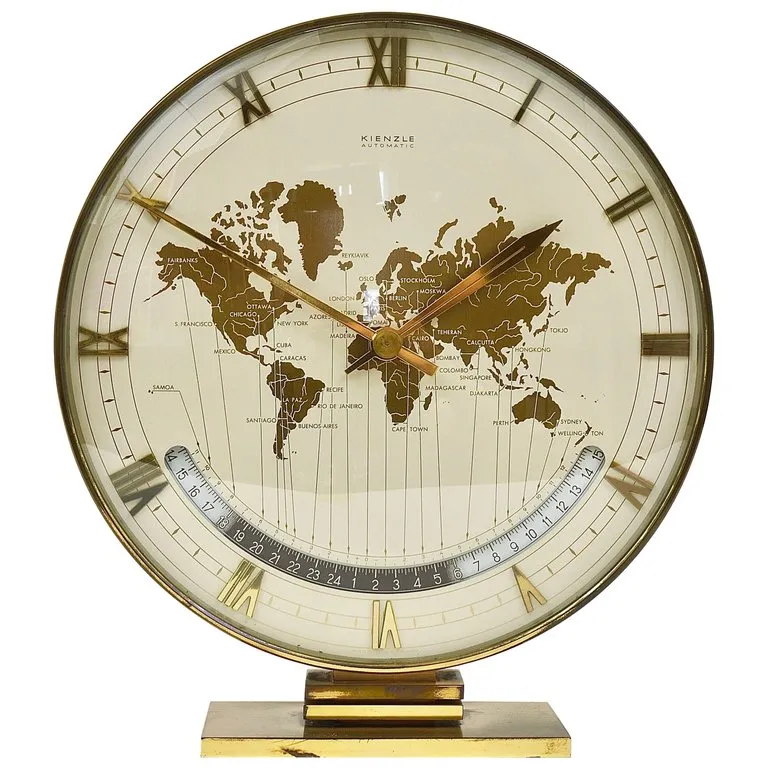 Large Midcentury Kienzle GMT World Time Zone Brass Table Clock, Germany, 1950s, 1stDibs