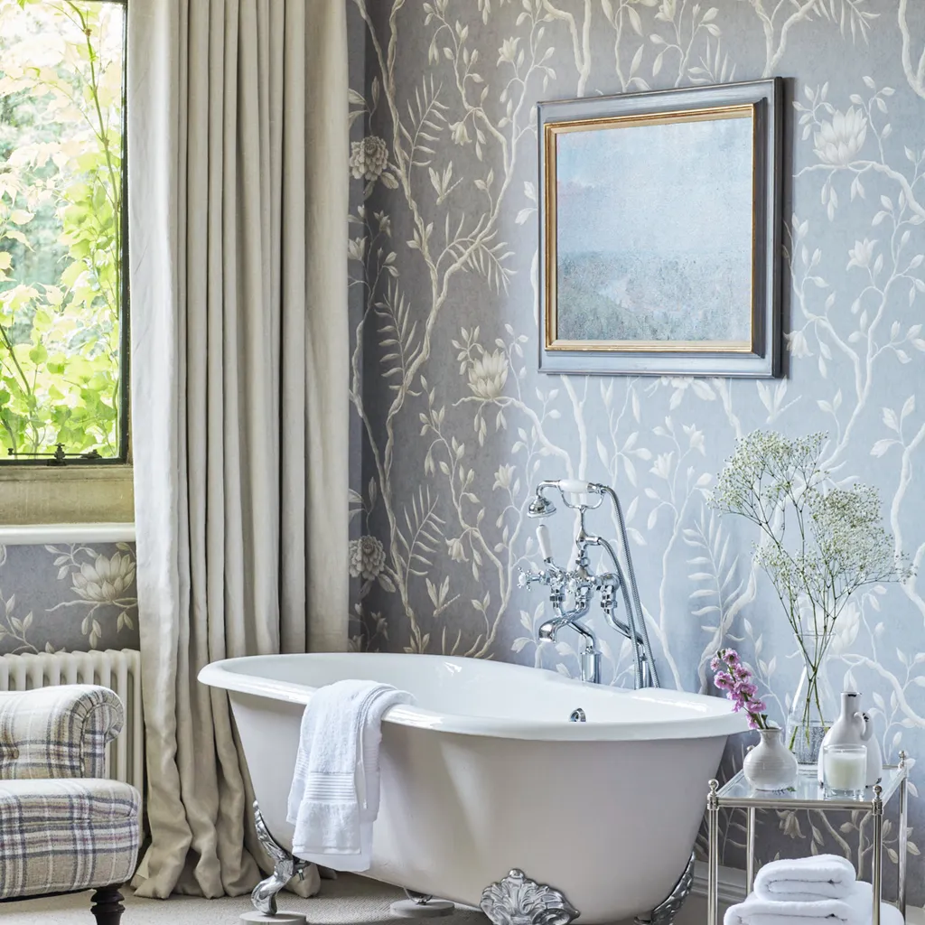 This resplendent bathroom features Jasper Peony wallpaper by Lewis and Wood, £68 per m, F&P Interiors. The curtain is made from Sonoran Oyster fabric by Threads, £69 per m, TM Interiors. For a similar tub, try Antique Baths of Ivybridge.