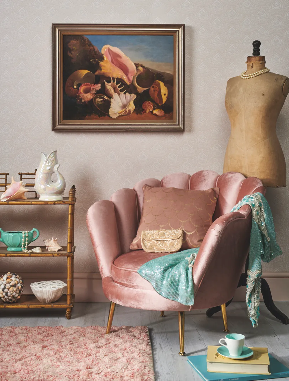 A luxury dressing room set up with a pink petal chair
