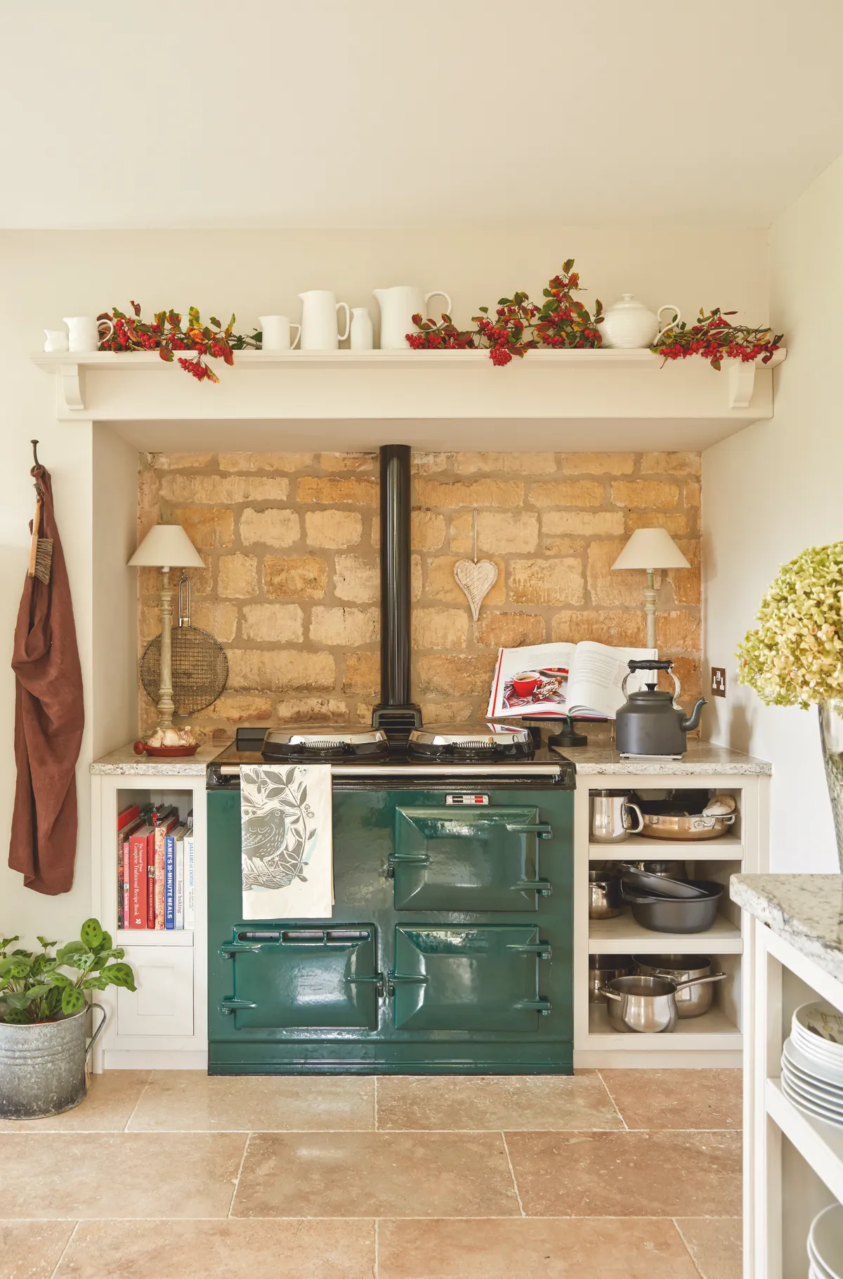 A green AGA in a cosy country kitchen