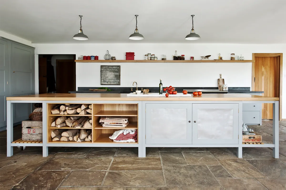 Make a rustic feature of open shelving. Bespoke kitchen from Plain English.