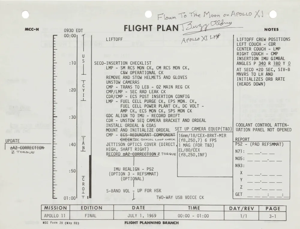 Lot 109 - First Page, Flown Apollo 11 Flight Plan Sheet (Recto)