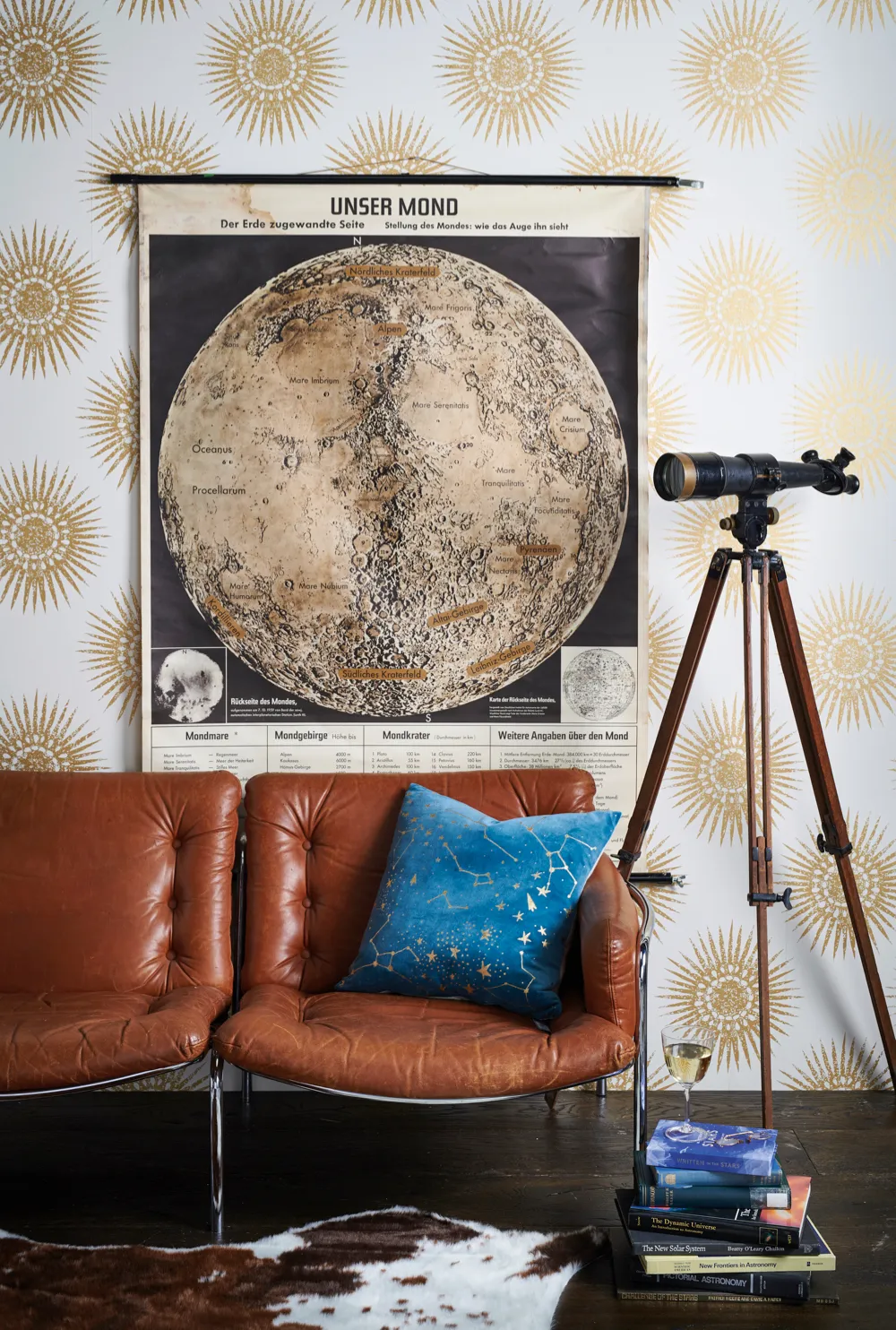 A retro vibe wallpaper with worn leather seating and an oversized chart