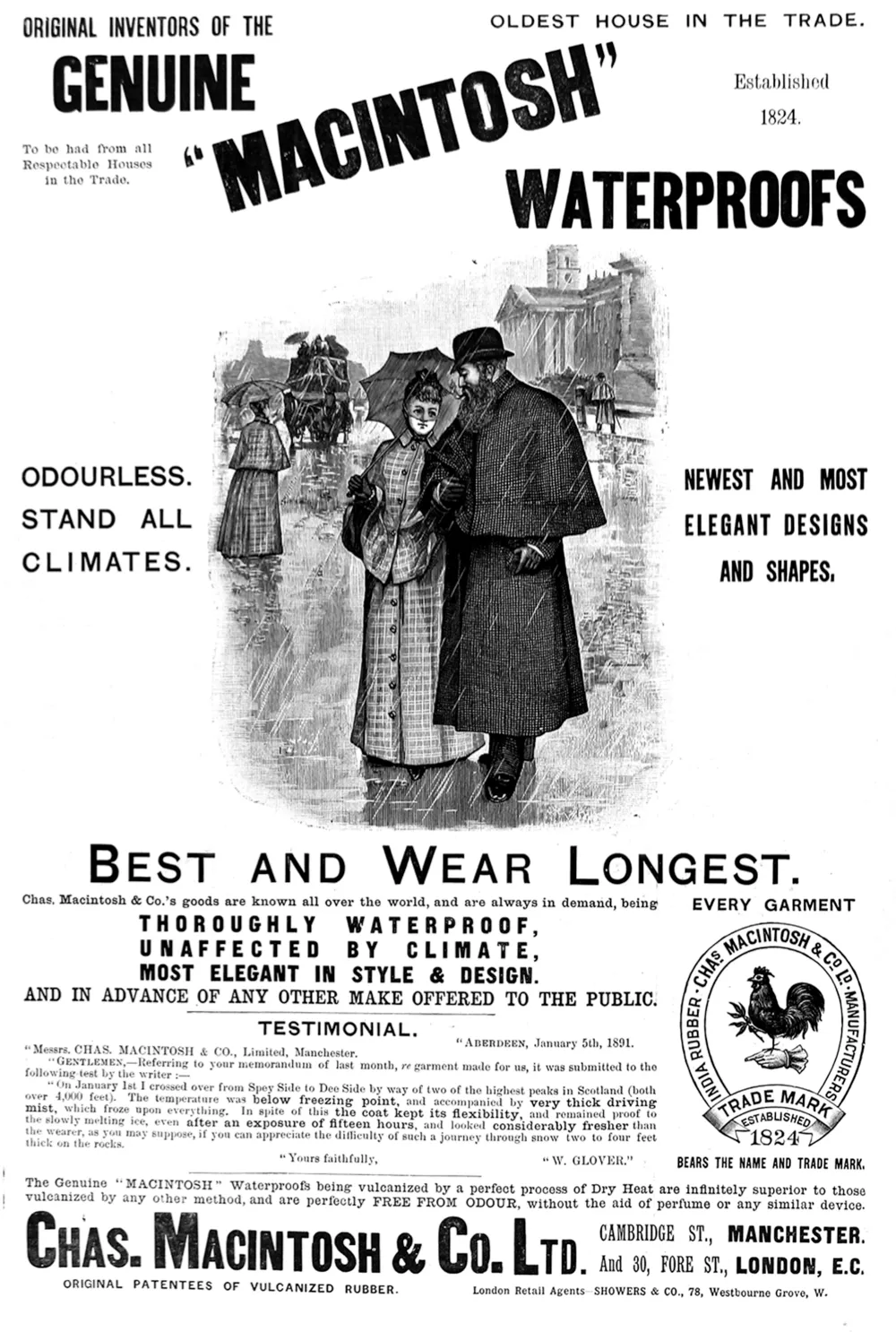 An advertisement for Macintosh waterproofs designed for men and women. 1891