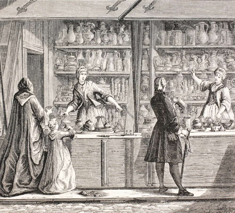Illustration of a Parisian shop selling Pewter