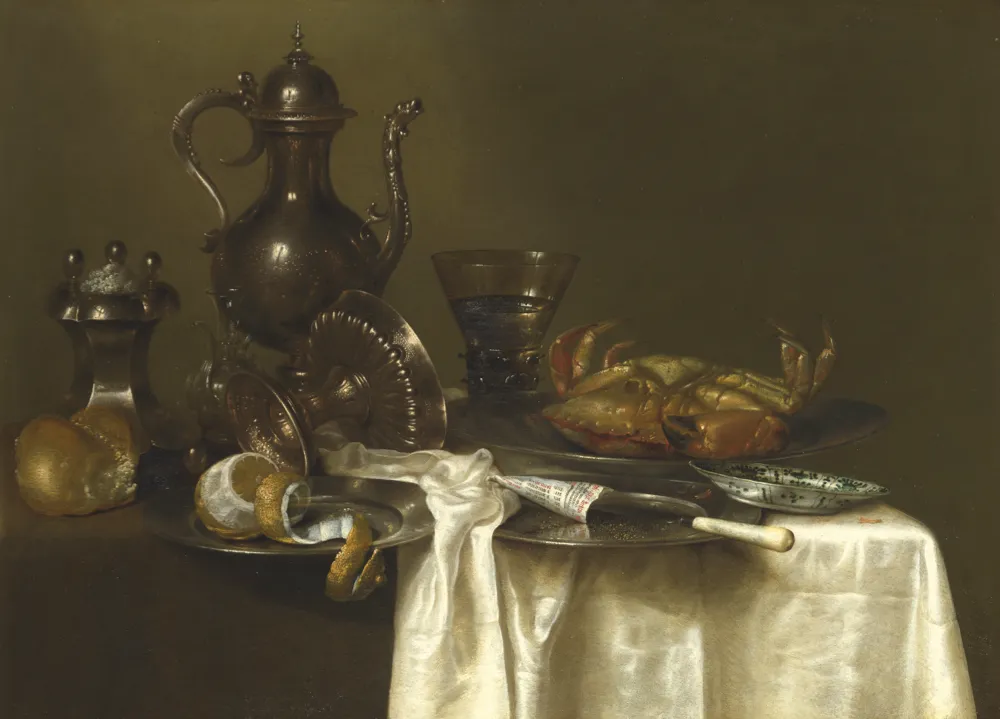 Pewter and Silver Vessels and a Crab still life by Willem Claesz