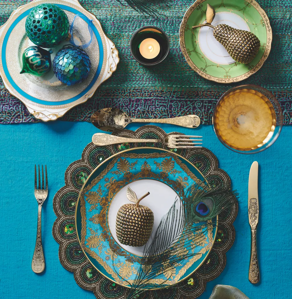 An opulent blue and gold exotic table setting