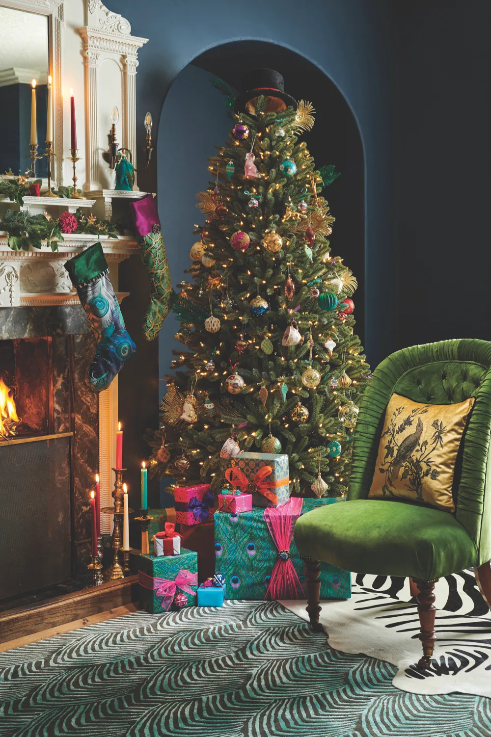 Christmas tree decorated with maximalist decorations