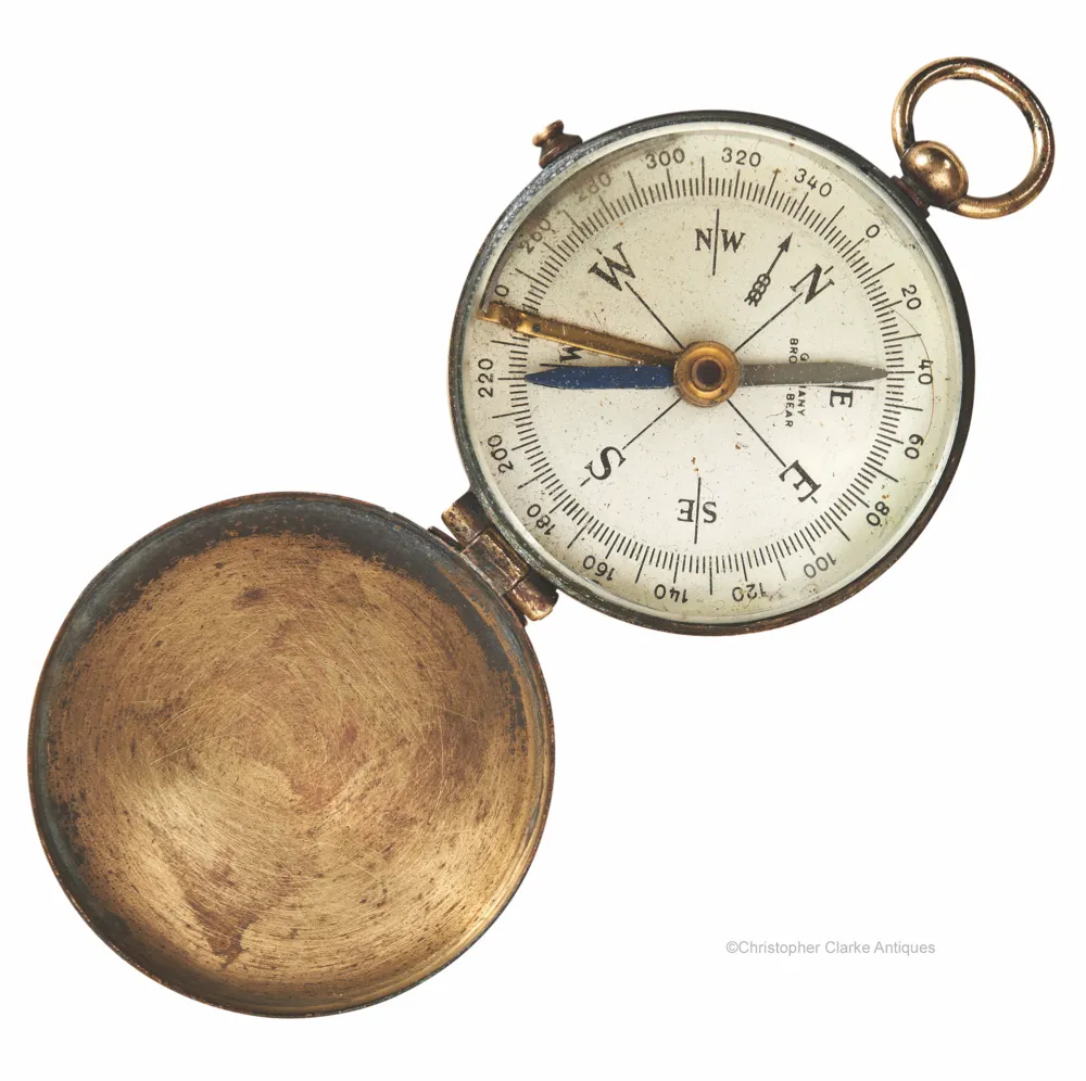 Brass compass with folding cover, £95, Christopher Clarke Antiques.