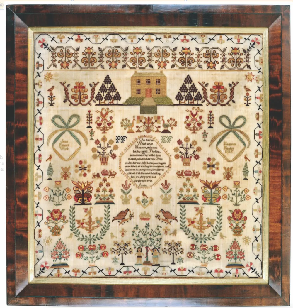 1815 sampler (£POA, Witney Antiques) worked in coloured silk thread on a fine linen ground.