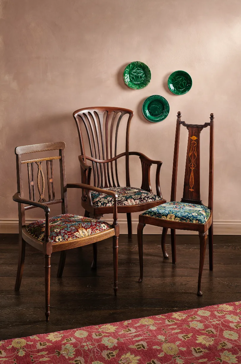 A set of three Edwardian chairs, upholstered in Morris & Co fabric