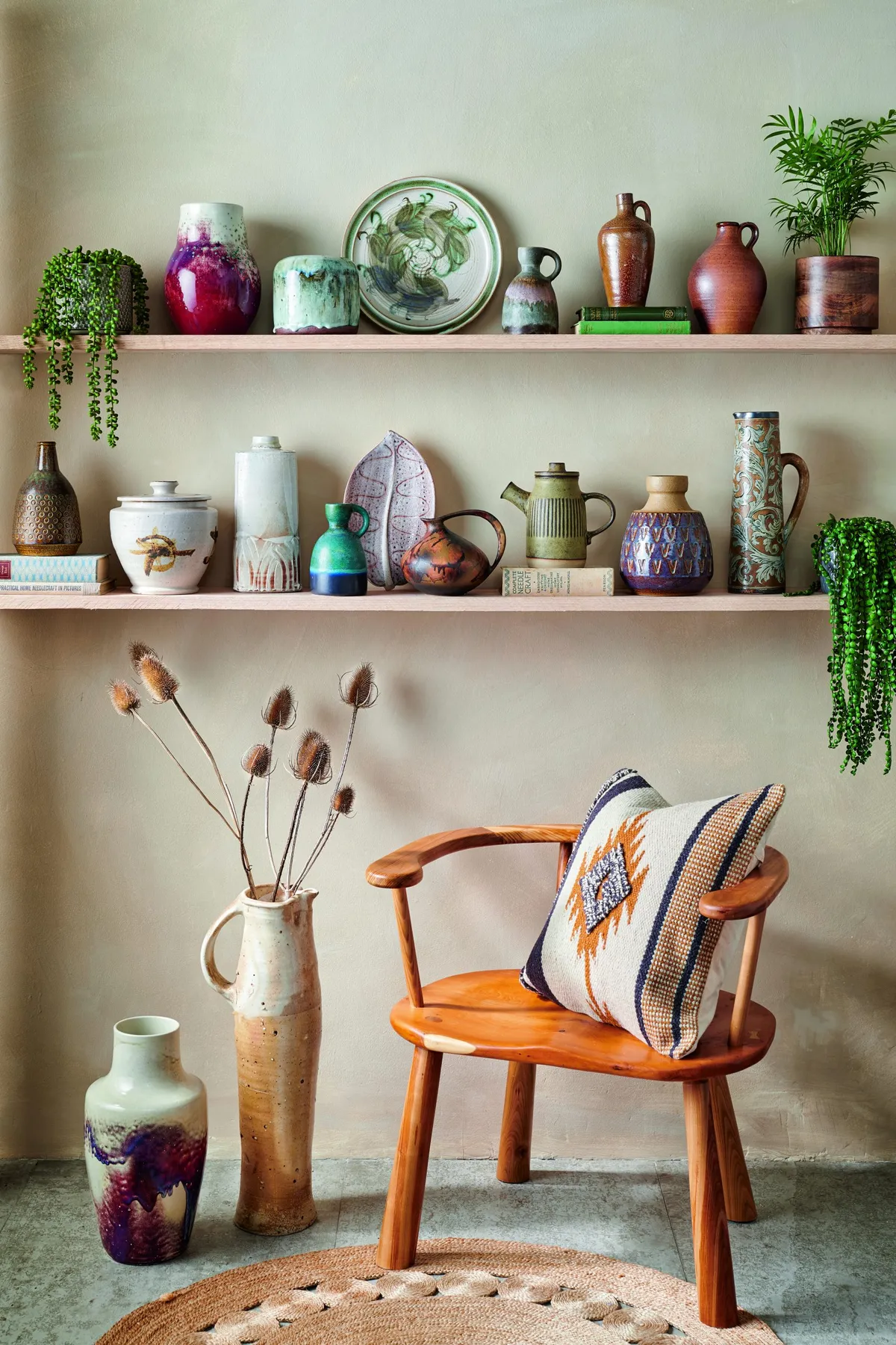 Conjure the feeling of a potter’s gallery with deep shelves artfully arranged with vases and bottles in a tempting array of textures and colours. Bookend with healthy trailing plants for a fresh take on tradition.