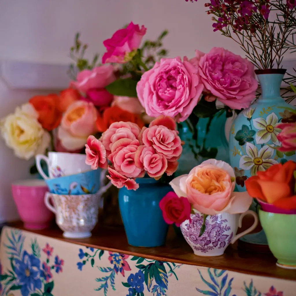 Vintage teacups used to display colourful flowers