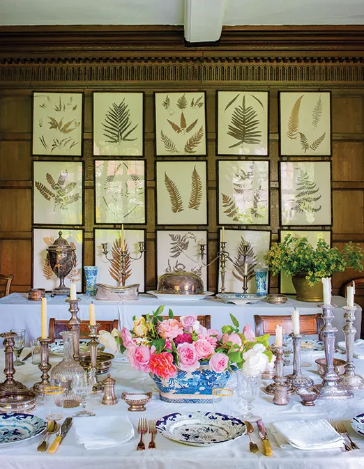 A display of Victorian pressed fern leaves in Bridget Elworthy’s dining room.