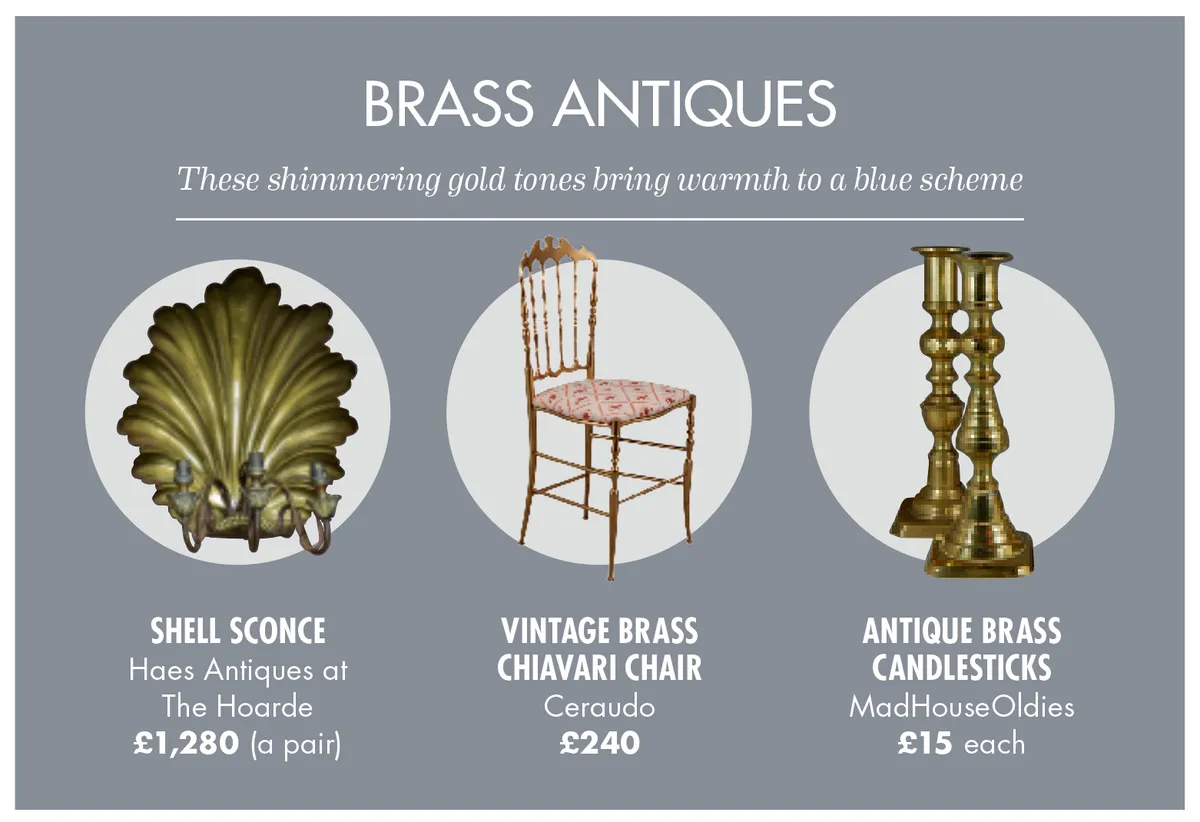 Brass antiques that are complemented by a blue colour scheme