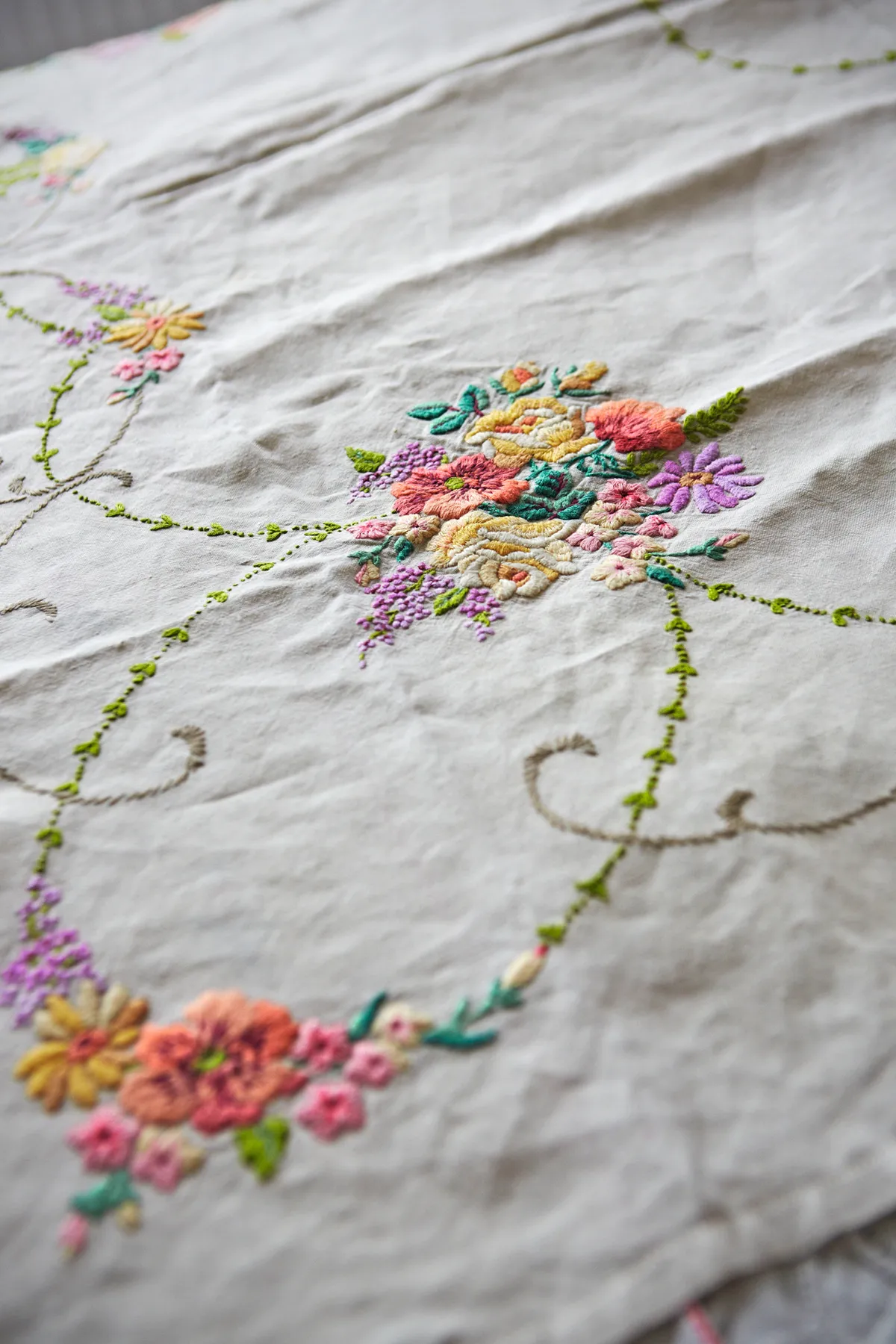 Intricate detailing on an antique tablecloth.