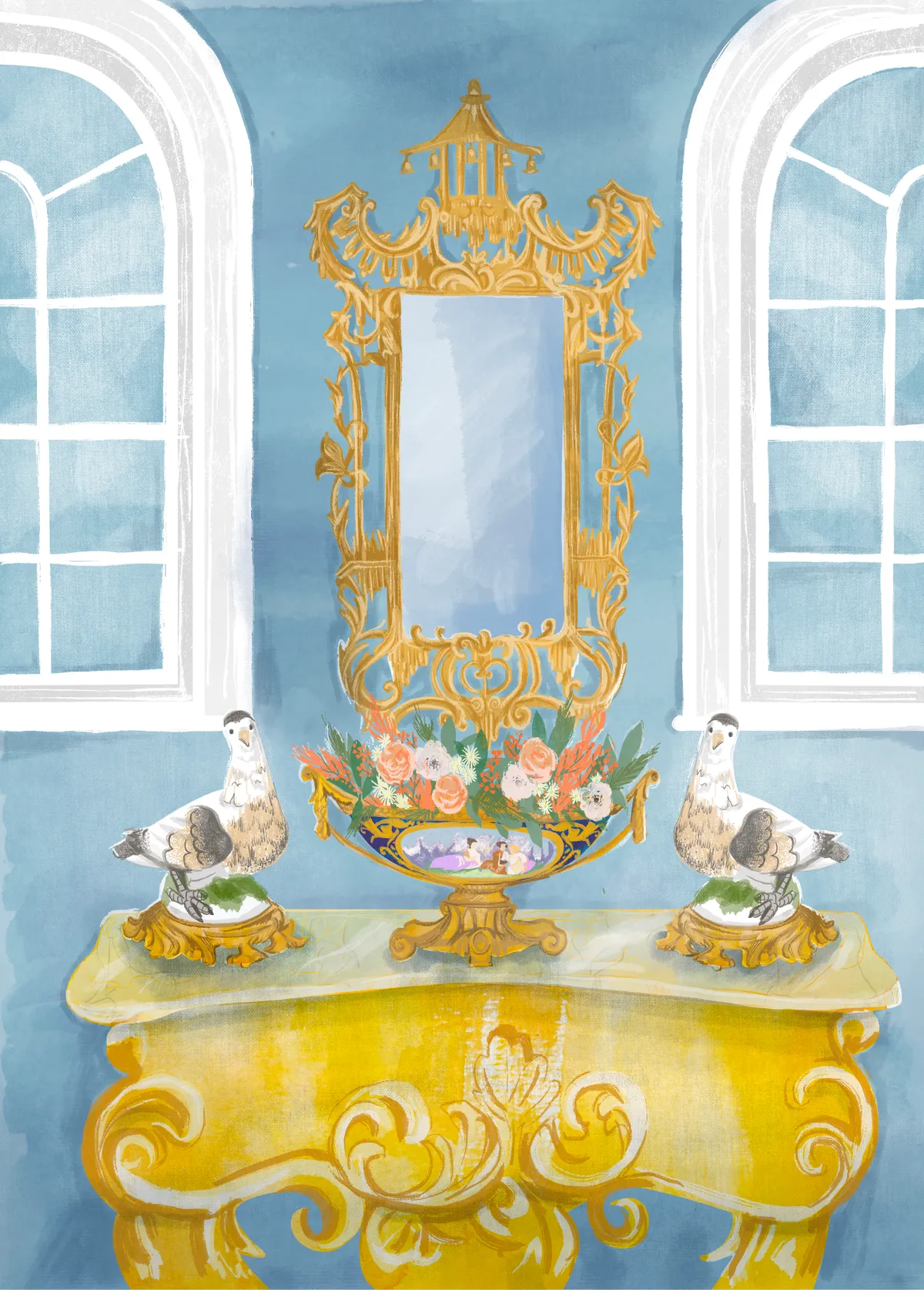 An illustration of the Georgian Rococo period by Esther Curtis