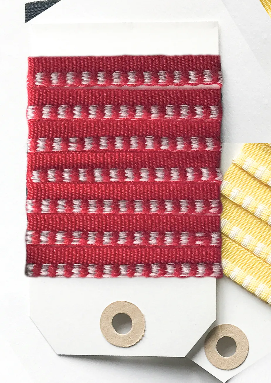 Red and White striped woven cotton tape, £4 per 5m, thestripescompany.com