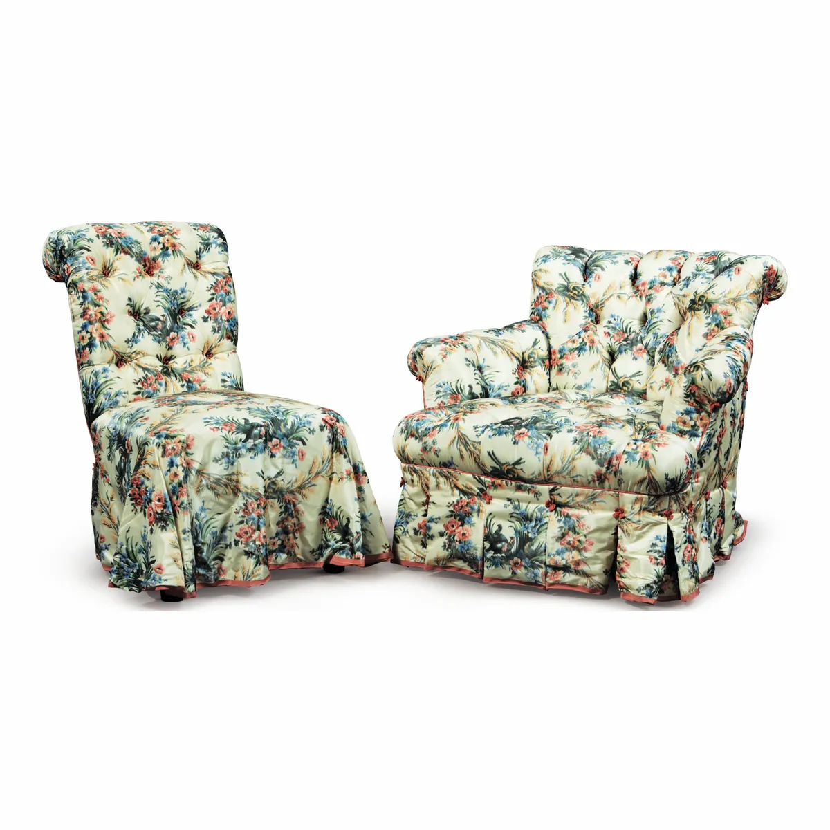 A chair in floral chintz once belonging to Mario Buatta, sold for $11,250 (along with an armchair) at Sotheby’s New York in January 2020.