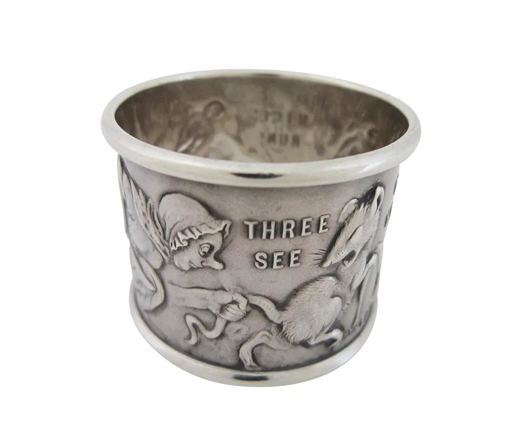 George V sterling silver ‘three blind mice’ napkin ring, hallmarked in Birmingham for 1911 by Henry Williamson, £365, S&A Marsh.