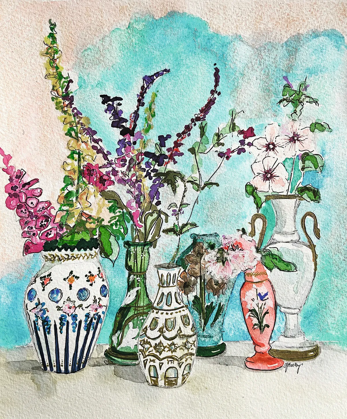 A painting of antique vases and flowers inspired by a scene in Homes & Antiques by artist SJ Axelby.