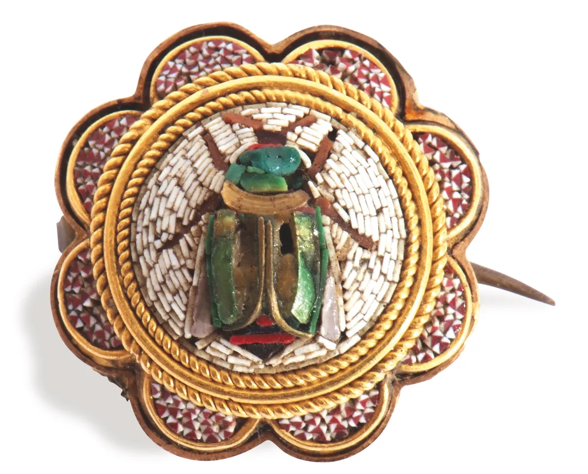 A micro mosaic scarab beetle brooch made £220 at Keys auction house in March 2021.