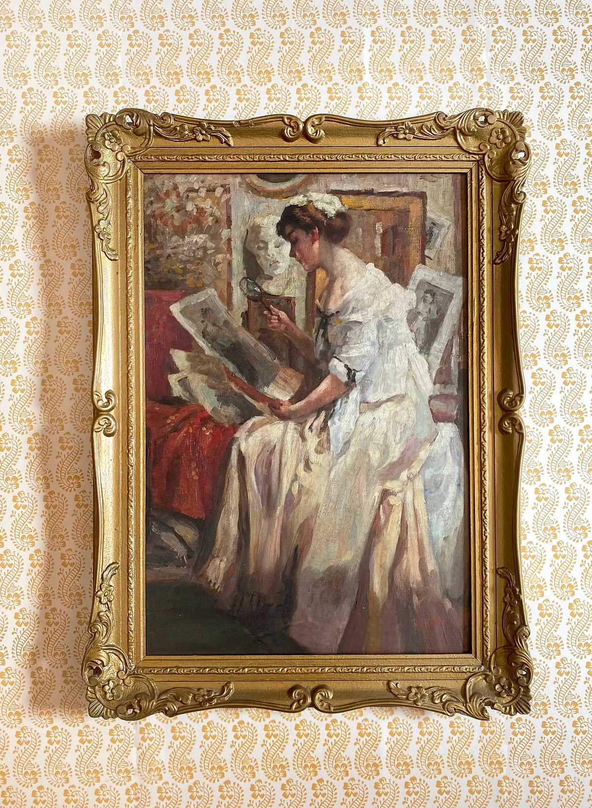Lot 192, After Fernand Toussaint estimate £100 - £200. Shot against Molly Mahon Lani wallpaper in Gold