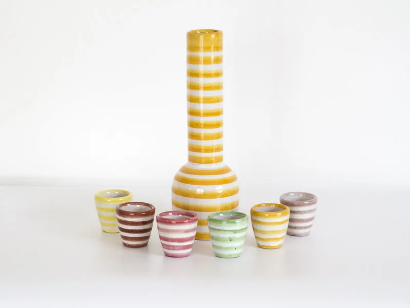 Mid Century Striped Shot Glasses With Carafe