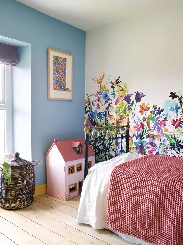 Vibrant vintage house, blue wall artwork
