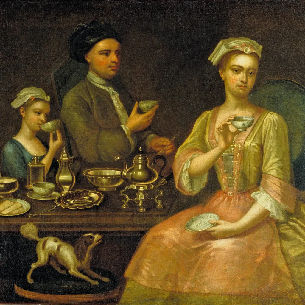 Painting of a family taking tea