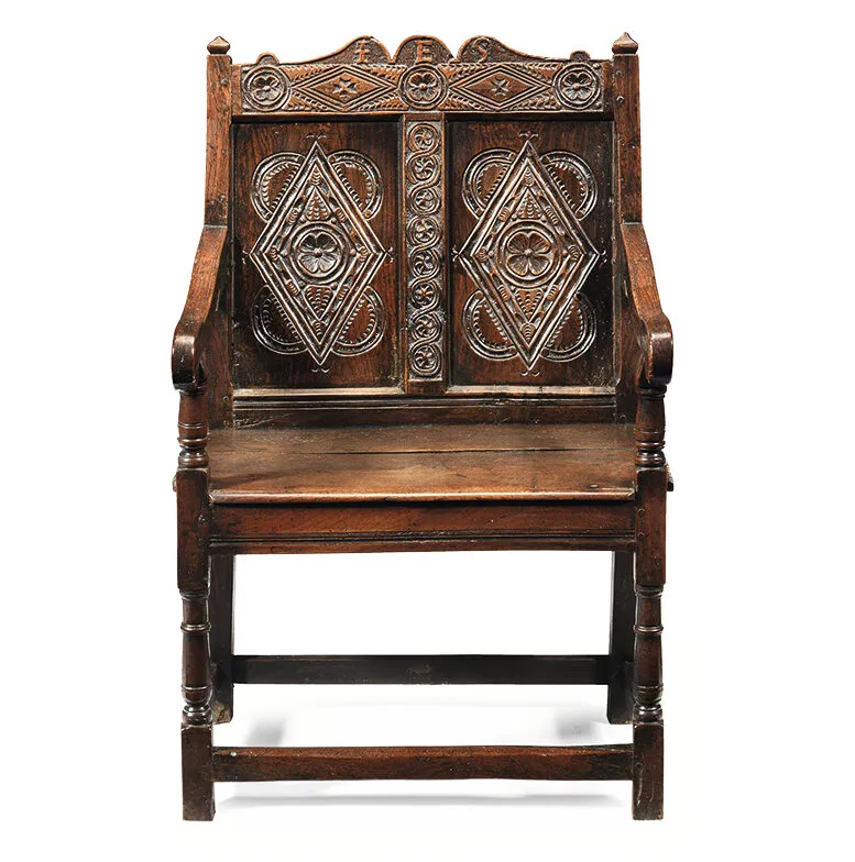 This Charles II oak panel-back double armchair, c1680, which sold for £7,500 at Bonhams, is a lovely example of the early carved wooden seating for two that preceded upholstered settees