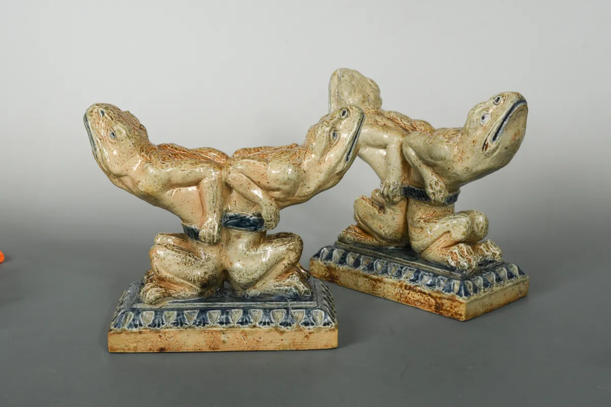 A highly rare pair of stoneware andirons in the form of grotesque amphibians carried an estimate of £50,000-£80,000 in Cheffins' Art & Design sale, February 2022.
